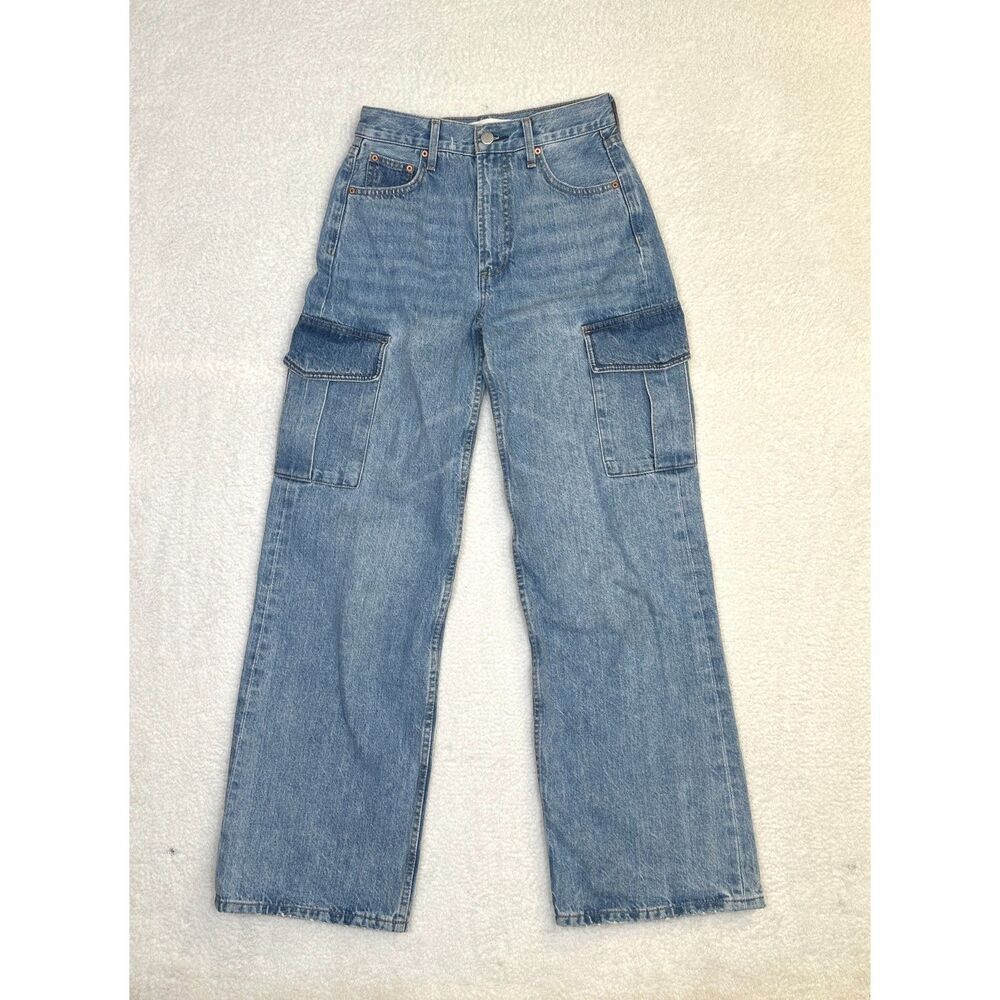 Aritzia‎ Denim Forum The Farrah Hi-Rise Wide Leg Cargo Jeans Blue Size 25